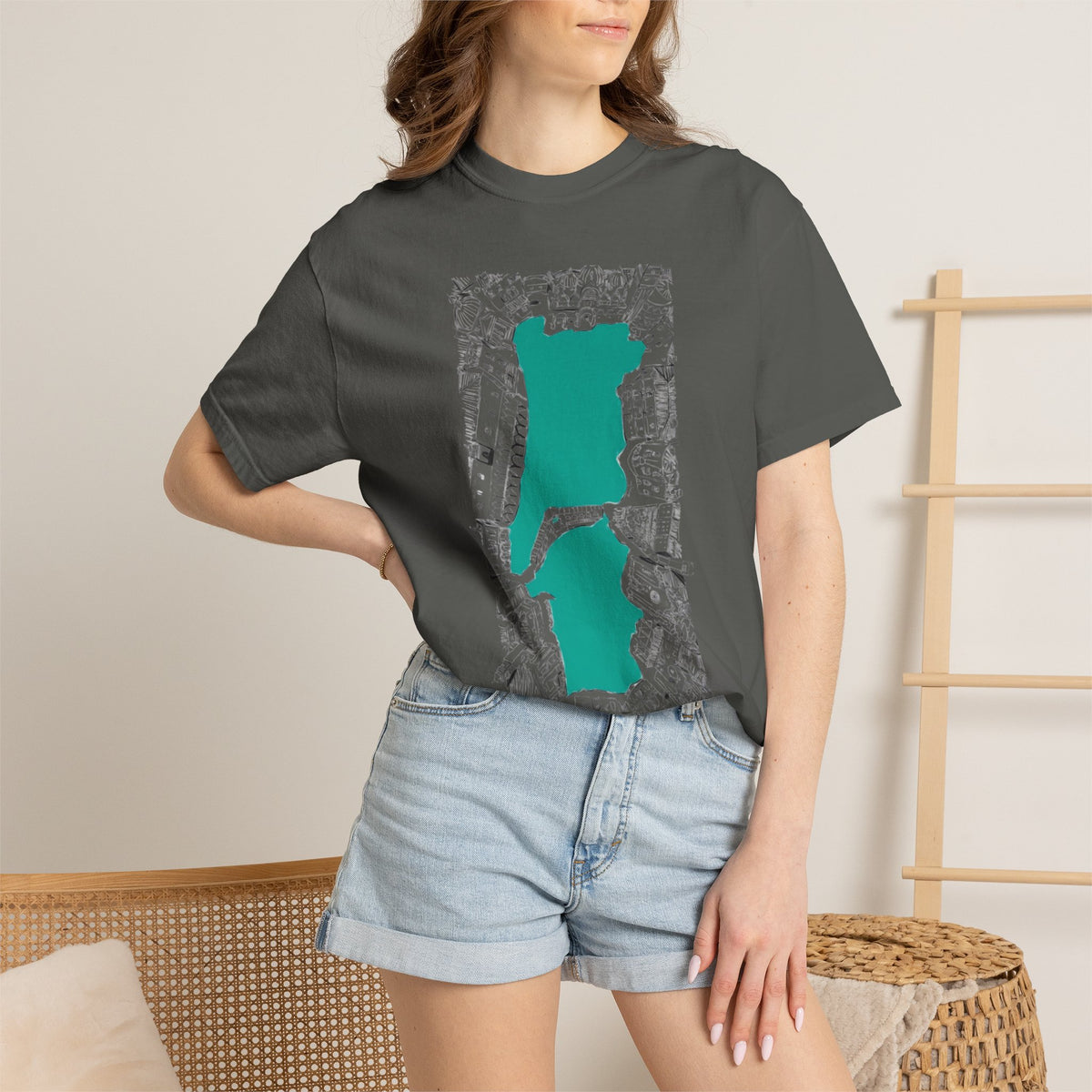 London City Sketch Illustration Graphic Tee | Hand-Drawn Waterway Cityscape