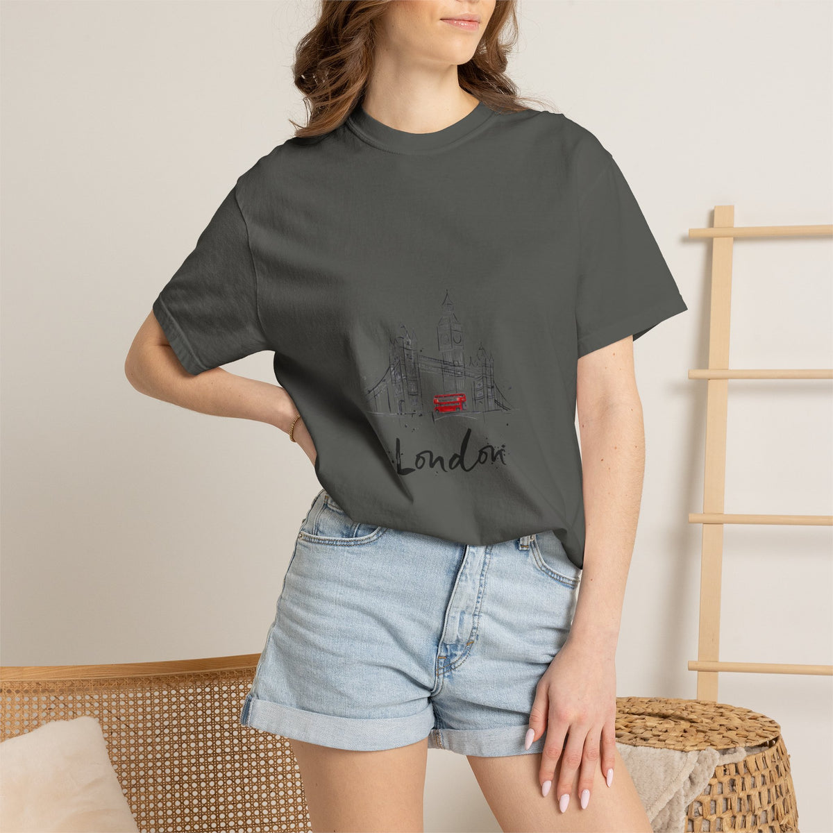 London Tower Bridge Watercolor Sketch Graphic Tee | Big Ben Red Bus Design