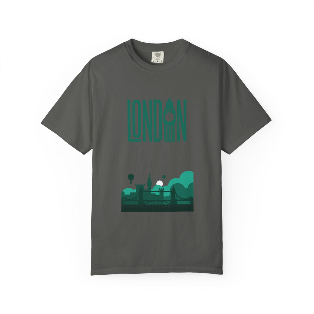 London Retro Skyline Poster Graphic Tee | Big Ben Tower Bridge Teal Design