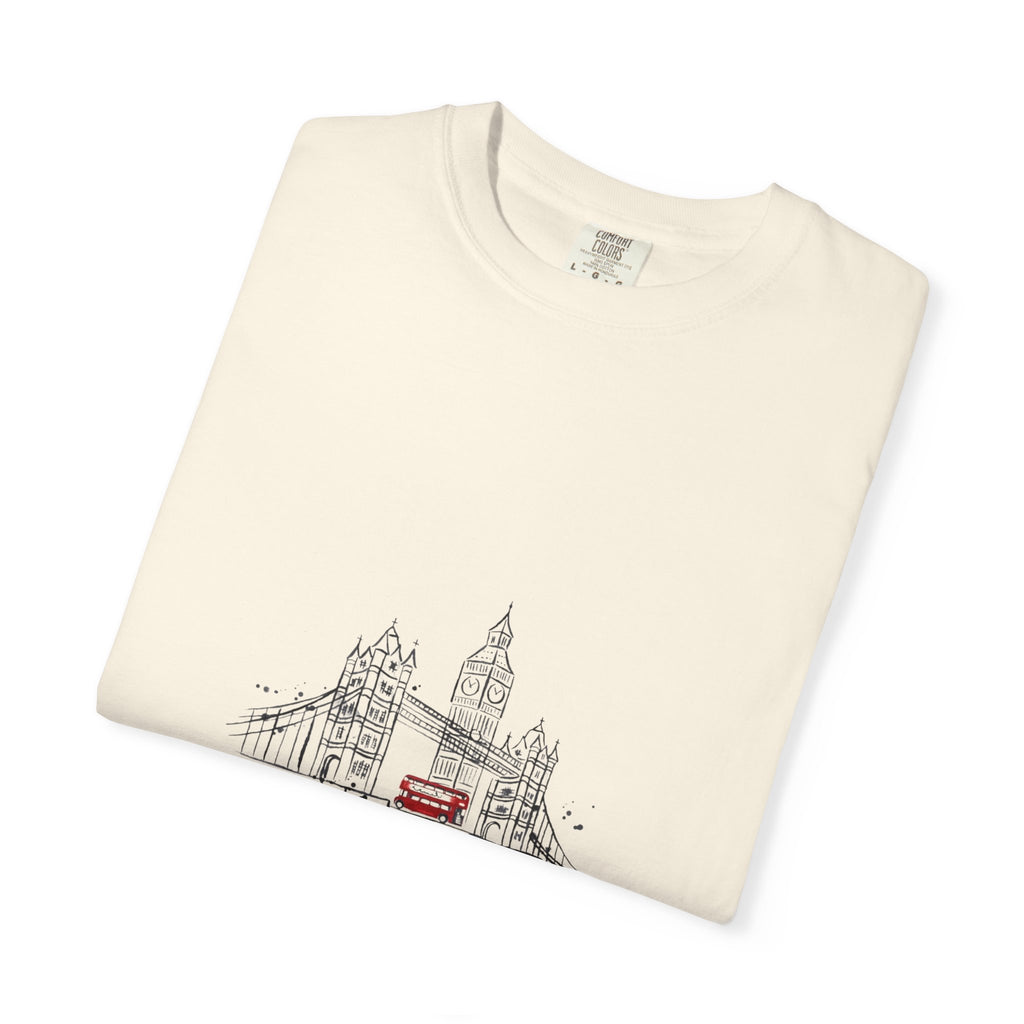 London Tower Bridge Watercolor Sketch Graphic Tee | Big Ben Red Bus Design