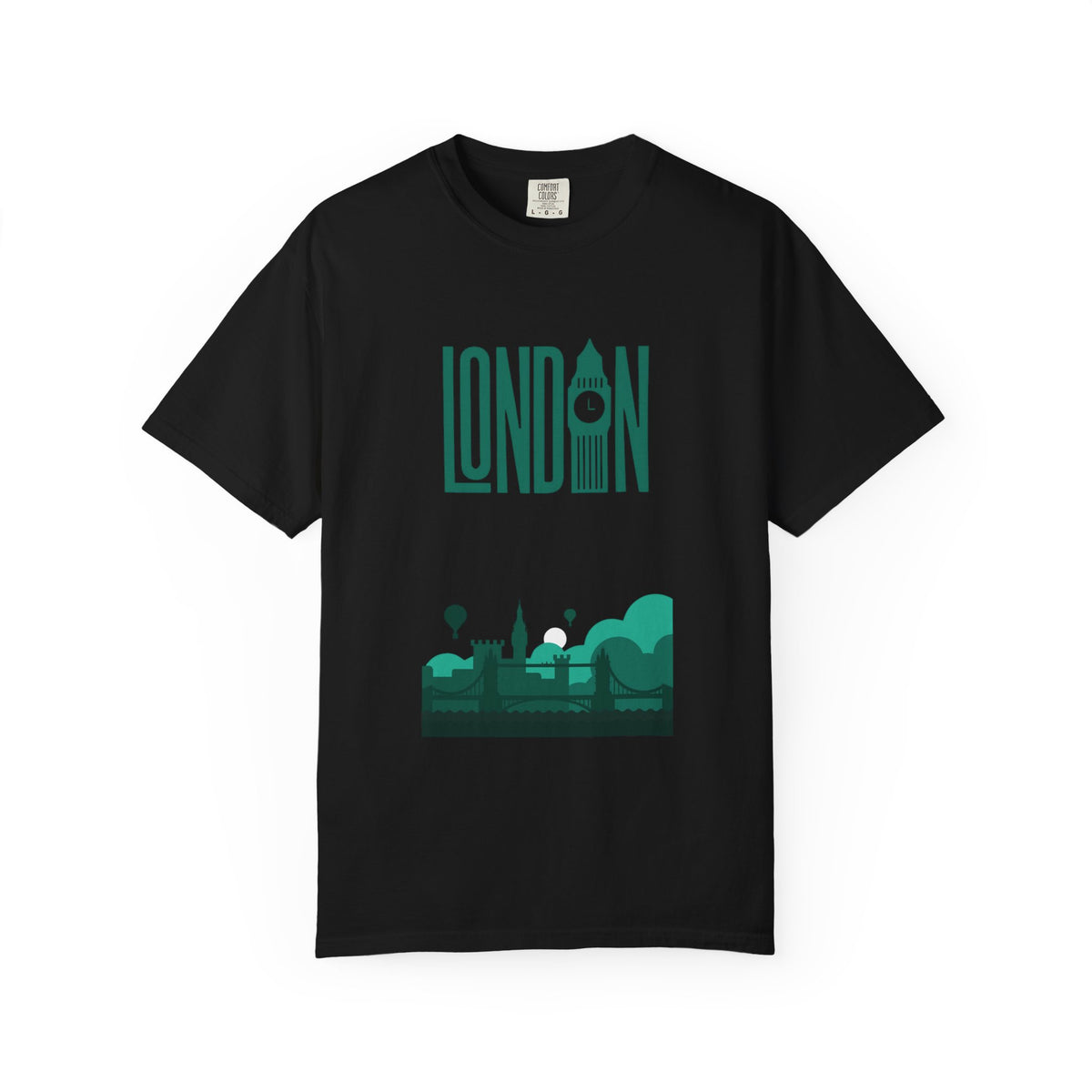 London Retro Skyline Poster Graphic Tee | Big Ben Tower Bridge Teal Design