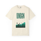 London Retro Skyline Poster Graphic Tee | Big Ben Tower Bridge Teal Design