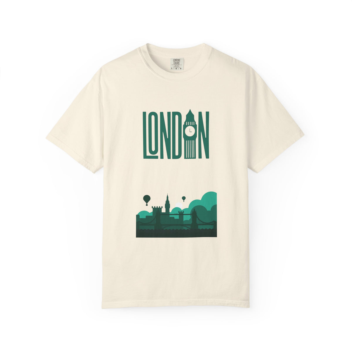 London Retro Skyline Poster Graphic Tee | Big Ben Tower Bridge Teal Design
