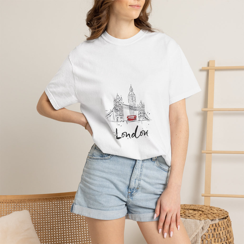 London Tower Bridge Watercolor Sketch Graphic Tee | Big Ben Red Bus Design