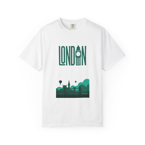 London Retro Skyline Poster Graphic Tee | Big Ben Tower Bridge Teal Design
