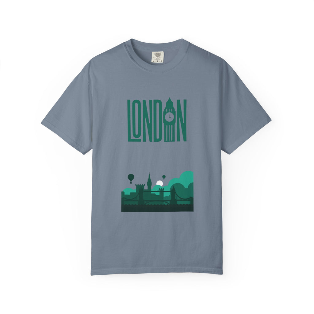 London Retro Skyline Poster Graphic Tee | Big Ben Tower Bridge Teal Design