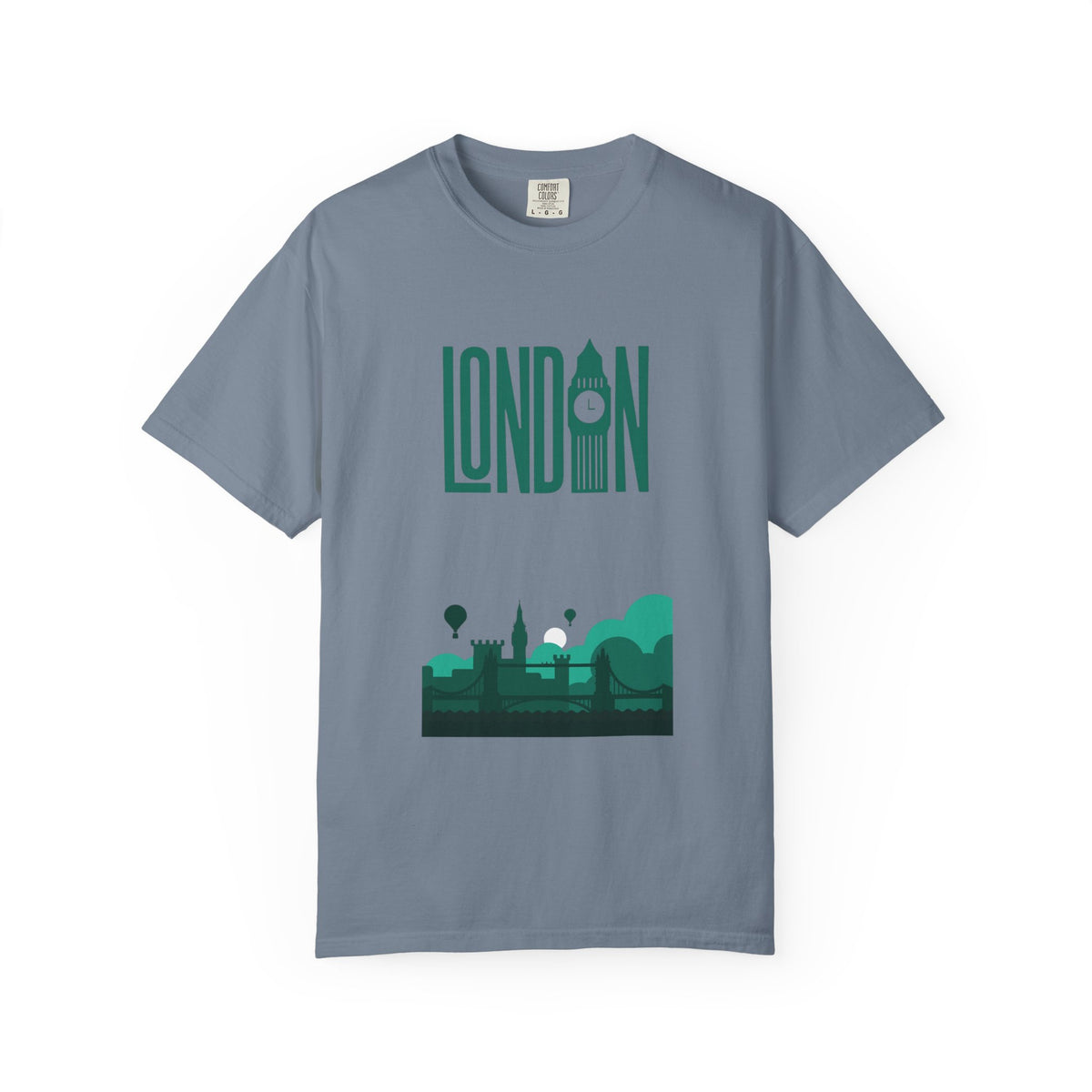 London Retro Skyline Poster Graphic Tee | Big Ben Tower Bridge Teal Design