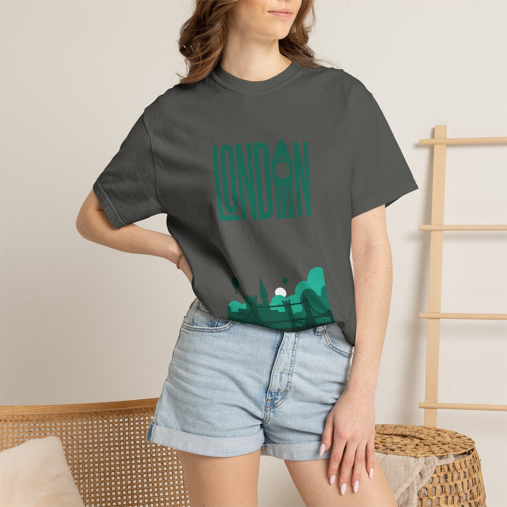London Retro Skyline Poster Graphic Tee | Big Ben Tower Bridge Teal Design