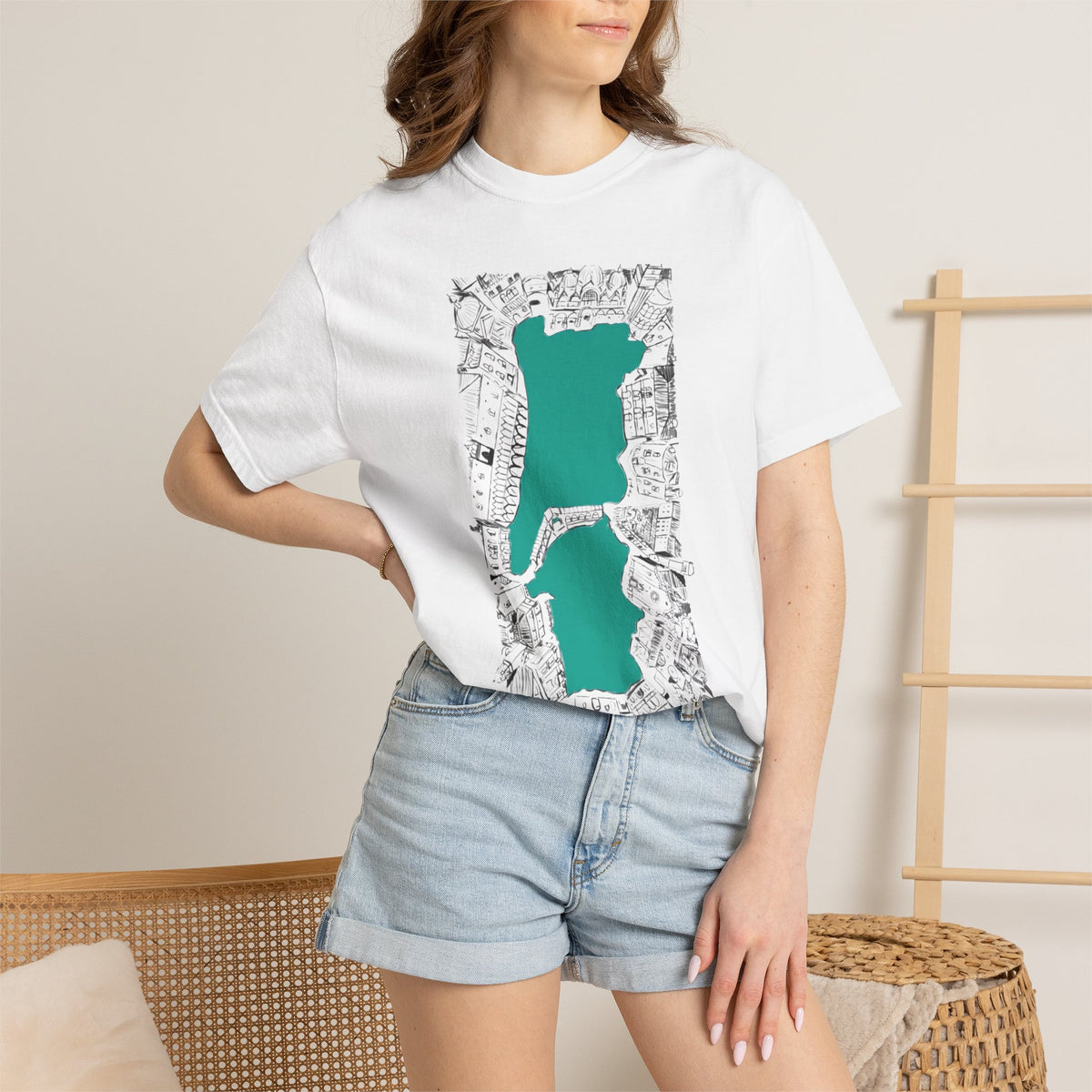 London City Sketch Illustration Graphic Tee | Hand-Drawn Waterway Cityscape