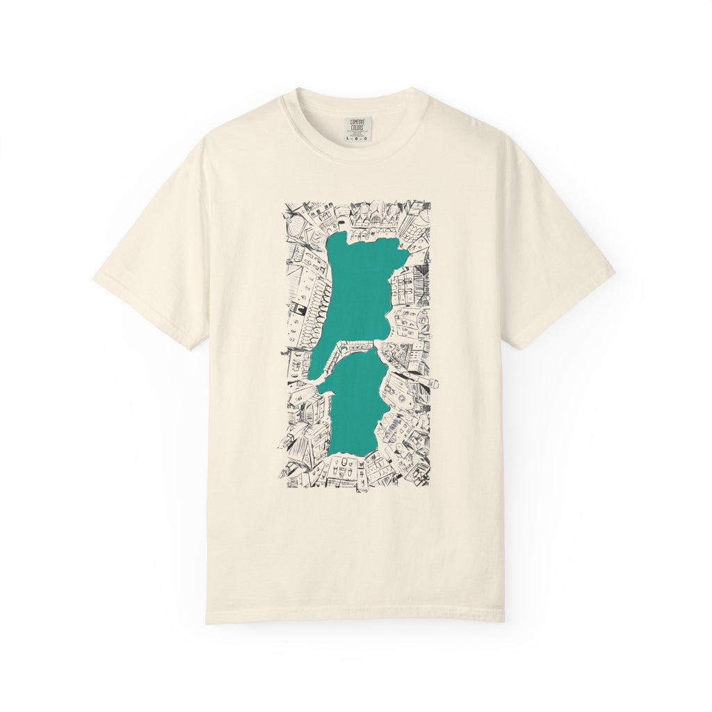 London City Sketch Illustration Graphic Tee | Hand-Drawn Waterway Cityscape